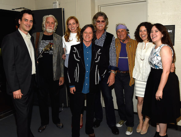 Pictured backstage at the CMA Theater are (L-R): The Country Music Hall of Fame and Museums Peter Cooper; The Nitty Gritty Dirt Bands John McEuen; The Country Music Hall of Fame and Museums Lisa Purcell; The Nitty Gritty Dirt Bands Jeff Hanna, Bob Carpenter, and Jimmie Fadden; and The Country Music Hall of Fame and Museums Abi Tapia and Amanda Richards.   Photo Credit: Rick Diamond, Getty Images for the Country Music Hall of Fame and Museum