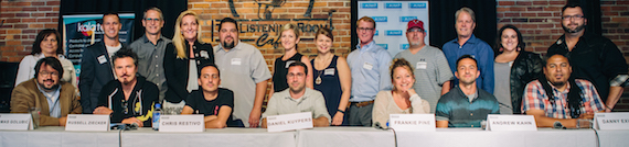 Pictured: Row One: Panelists Thomas Goulbic, Russell Ziecker, Chris Restivo, Daniel Kuypers, Frankie Pine, Andrew Kahn, Danny Exum; Row Two: Denise Nichols (AIMP Secretary/Primacy Firm), Brad Peterson (5/3 Bank), Craig Currier (peermusic), Ree Buchanan (AIMP Treasurer/Wrensong), Tim Fink (SESAC), Kim McCollum-Mele (Words & Music), Melissa Hollis (Kalatech),  John Ozier (ole), Marc Driskill (AIMP Exec. Director/Sea Gayle), Randy Wachtler (Warner/Chappell Music Prod), Kari Barnhart (5/3 Bank), Randall Foster (ole) // Photo Credit: Amy Allmand