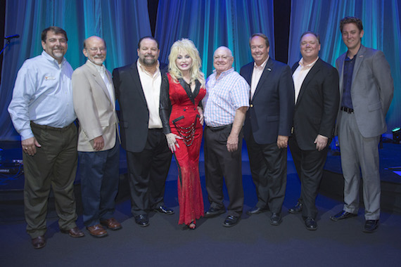 Pictured (L-R): Dollywood Dir. Public Relations Pete Owens, Dollywood Foundation President David Dotson, CTK Management's Danny Nozell, Dolly Parton, Dolly Parton Productions President Ted Miller, The Dollywood Company President Craig Ross, Webster PR's Kirt Webster and Jeremy Westby. 