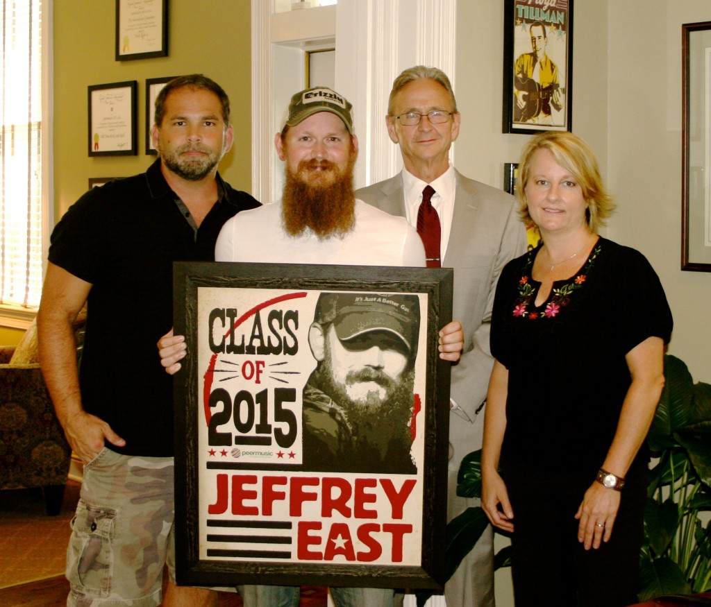 Pictured (L-R): Michael Knox, VP, Peermusic Nashville; Jeffrey East; Karl M Braun, Esq., Hall Booth Smith P.C.; Kim Wiggins, Senior Creative Director Peermusic Nashville. Photo: Shalacy Griffin  