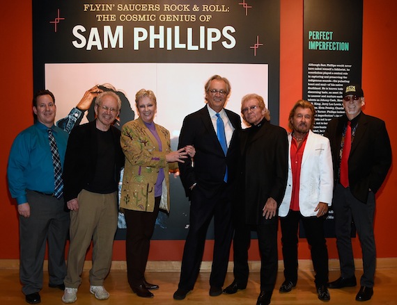  Pictured are (l-r): Country Music Hall of Fame and Museum Editor and co-curator Michael Gray; co-curator and author Peter Guralnick; Country Music Hall of Fame and Museum Sr. VP of Museum Services Carolyn Tate; Country Music Hall of Fame and Museum CEO Kyle Young; Knox and Jerry Phillips, sons of Sam Phillips; and guitarist Sonny Burgess. Photo by Rick Diamond/Getty Images for Country Music Hall Of Fame & Museum)  