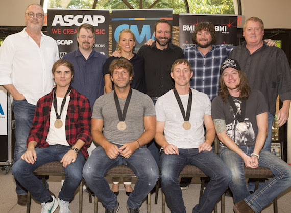 Pictured (l-r, front row): Co-writer Ross Copperman, Billy Currington, and co-writers Ashley Gorley and Jaren Johnston; (back row) ?Universal Music Group Nashville Chairman & CEO Mike Dungan, Warner Chappell Music Publishing's Ben Vaughn, BMI's Leslie Roberts, Sony ATV Music Publishing's Josh Van Valkenburg, Combustion Music's Chris Van Belkom and ASCAP's Mike Sistad