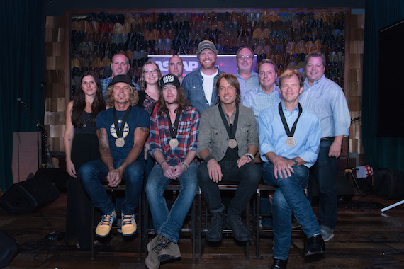 Pictured (L-R): (Back Row) 3 Ring Circus Casey LeVasseur and Darrell Franklin, Sony/ATVs Abbey Adams, ASCAPs Robert Filhart, producer Nathan Chapman, Universals Mike Dungan, BMIs Jody Williams and Bradley Collins. (Front Row) BMI songwriter Jeffrey Steele, ASCAP songwriter Jaren Johnston, BMI affiliate Keith Urban, BMI songwriter Tom Douglas.