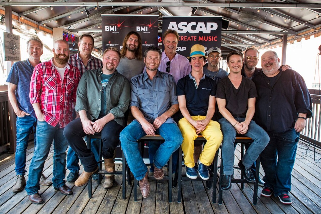  3528: Pictured: (L-R) BMI songwriter Tommy Lee James, ASCAP songwriter Brent Anderson, BMI songwriter Wade Kirby, ASCAP songwriter Ryan Hurd, producer Scott Hendrix, BMI songwriters Phil ODonnell and Andrew Dorff and ASCAP songwriter Mark Irwin. (Front Row) ASCAP songwriter Josh Osborne, BMI affiliate Blake Shelton, ASCAP songwriters JT Harding and Josh Kear.