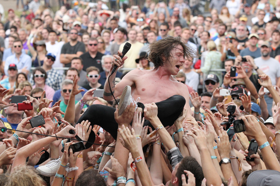 Matt Schultz of Cage The Elephant crowdsurfs the first afternoon of the Franklin, Tenn. Pilgrimage Music Festival. Photo: Terry Wyatt.