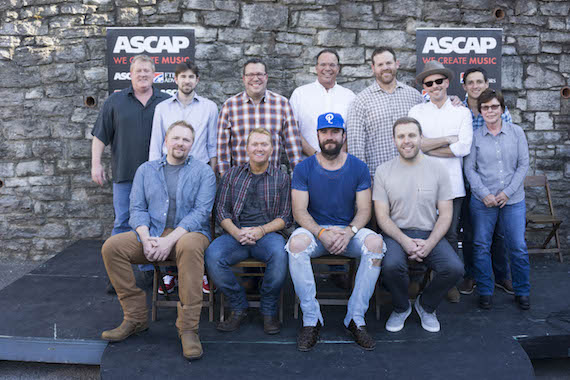 Pictured (front, L-R): Osborne, McAnally, Hunt, Crowell. Pictured (Back, L-R): ASCAP's Mike Sistad, Black River's Dave Pacula, UMPG's Kent Earls, Three Mules Music's Chris Hunter, UMG's Royce Risser, Hunt's manager Brad Belanger, and Smacktown Music's Robert Carlton and Robin Palmer 