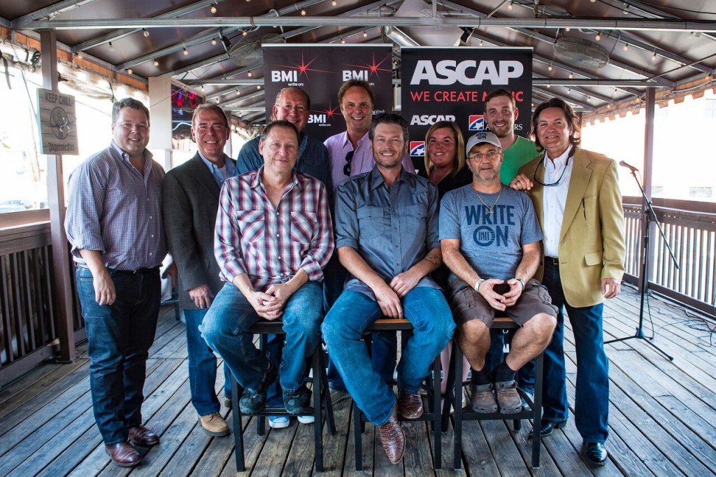 Pictured: (L-R): (Back Row) BMIs Bradley Collins, Round Hills Mark Brown, WMGs John Esposito, producer Scott Hendricks, Hori Pros Courtney Crist, Lee Krabel and Butch Baker. (Front Row) BMI songwriter Wade Kirby, BMI affiliate Blake Shelton and BMI songwriter Phil ODonnell.  