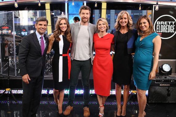 Brett performed his current single Lose My Mind this week on Good Morning America. Pictured left to right: George Stephanopoulos, 2016 Miss America Betty Cantrell, Brett Eldredge, Amy Robach, Lara Spencer, Ginger Zee.