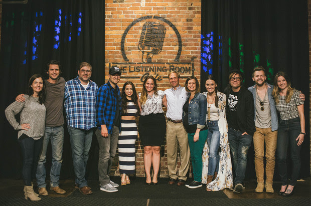 Photo (Left to Right): Lori McKenna (CN), Steve Moakler (CN), Barry Dean (CN), Luke Laird (CN), Maggie Chapman (CN), Sara Horton (PTM Advancement Director), Chan Sheppard (PTM Executive Director), Beth Laird (CN CEO), Natalie Hemby (CN), Scott Stevens (LA writer/producer), Native Run's Bryan Dawley and Rachel Beauregard (CN). Photo: Spencer Combs