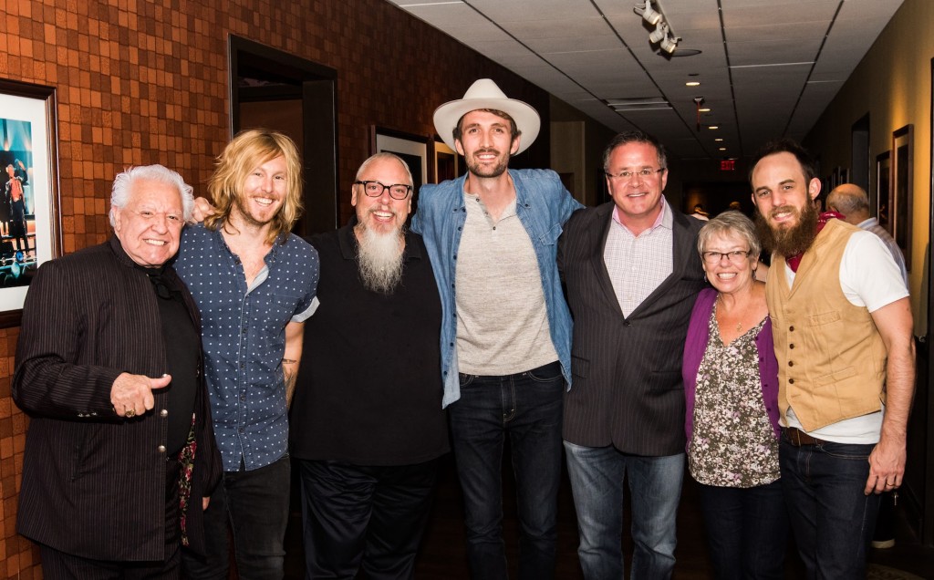 Pictured (L-R): Manuel Cuevas, Owner of Manuel American Designs; Jamey Ice, Green River Ordinance Guitars/Banjo/Mandolin; John Marks, SiriusXM Sr. Director of Country Programming; Josh Jenkins, Green River Ordinance Lead Vocals/Acoustic Guitar;  Pete Fisher, Grand Ole Opry Vice President/General Manager; Colleen Marks, wife of SiriusXM's John Marks; Denton Hunker, Green River Ordinance Drums/Percussion Photo: Bill McClintic 