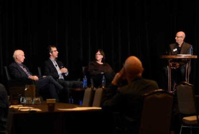 Pictured (L-R): Cary Sherman, Chairman and CEO of the Recording Industry Association of America; David Israelite, President and CEO of the National Music Publishers' Association; and Ann Sweeney, Senior Vice President of Global Policy at BMI participate in a panel discussion moderated by David Ross, CMA Board member and President of BossRoss Media at the CMA Board of Directors meeting Tuesday in Nashville. Photo: Caitlin Harris / CMA