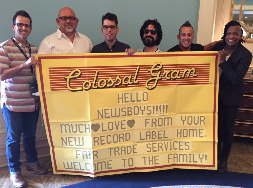 Pictured (L-R): FairTrade Services vice president of A&R James Rueger and FairTrade Services president/founder Jeff Moseley; Newsboys' Jeff Frankenstein, Jody Davis, Duncan Phillips and Michael Tait. 