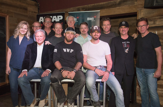 (Back Row: L-R: John Ozier, Ole / Perry Howard, ASCAP / Drew Alexander, Mike Curb Music / George Briner, The Valory Music Co. / Ben Vaughn, Warner Chappell / Rich Egan, Hard 8 Management / Scott Borchetta, Big Machine Label Group / Dan Huff, Producer Front Row: L-R: Beth Brinker, ASCAP / Mike Dekle ASCAP Writer / Brantley Gilbert, BMI Writer / Brian Davis, BMI Writer)