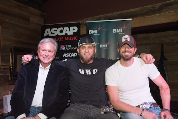 Pictured (L-R): Mike Dekle, ASCAP / Brantley Gilbert, BMI / Brian Davis, BMI. Photo: Valory Music Co.