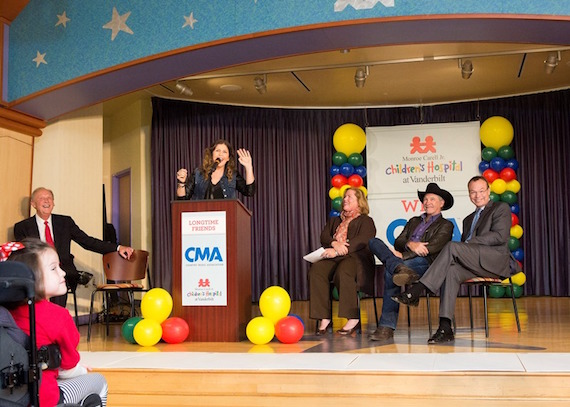 Pictured (L-R): Frank Bumstead, Chair of the CMA Board of Directors; Hillary Scott of Lady Antebellum; Kathryn Carell Brown, Chair of the Childrens Hospital Growing to New Heights campaign; Kix Brooks, Board Member for both the CMA and Childrens Hospital, and Dr. Jeff Balser, Vice Chancellor for Health Affairs and Dean of Vanderbilt University School of Medicine.