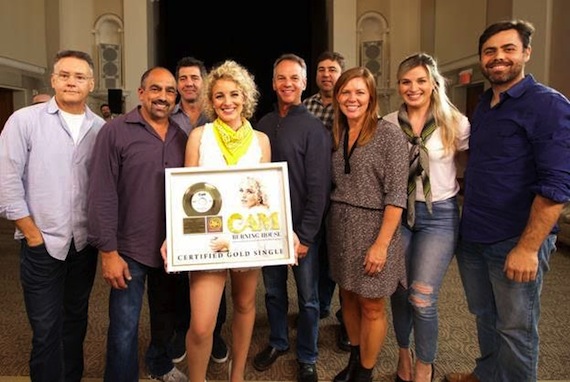 Celebrating Cams Gold record for Burning House (l-r): Sony Music Nashville Chairman & CEO Randy Goodman, Sr. VP Marketing Paul Barnabee, and Executive VP & COO Ken Robold; Cam; Sony Music Nashville Executive VP, Promotion & Artist Development Steve Hodges and VP A&R Jim Catino; Arista Nashville VP Promotion Lesly Simon; manager Lindsay Marias; and co-producer and Burning House co-writer Tyler Johnson.