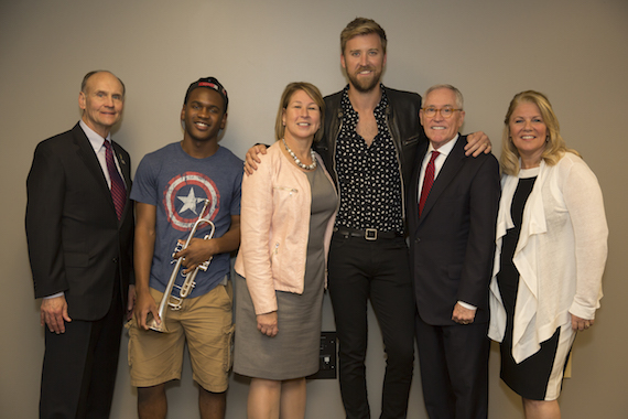 Pictured (L-R): Glenn Nierman, President, President; Elijah Micheaux; Sarah Trahern, Chief Executive Officer, CMA; Charles Kelley; Ron Samuels, Board Chairman, CMA Foundation; Beth Slusher, President and Chair, Give a Note Foundation Board. Photo: Dusty Draper / CMA