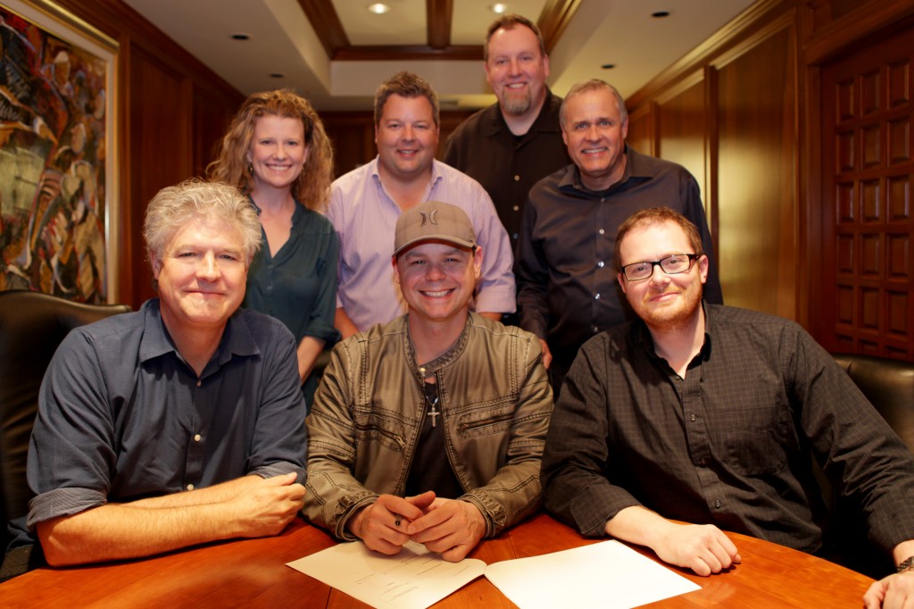 Pictured (front row, L-R): Daniel Hill (President, Spirit Music Nashville), Jay Brunswick, Noah McPike (Almon & McPike). Back Row (L-R): Carrie Gallo (Creative Dir., Spirit), Bradley Collins (BMI),Brian Bradford (Dir. Admin., Spirit), Billy Lynn (VP Creative, Spirit). 