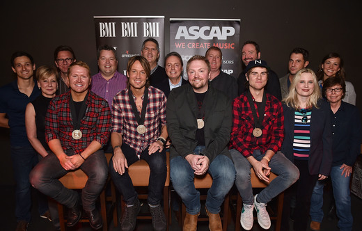 Pictured:Robert Carlton (Smack Hits/Smack Songs), Dan Huff (Producer), Bradley Collins (BMI), Randy Gimmett (GMR), Jody Williams (BMI), Mike Sistad (ASCAP), Josh Van Valkenburg (EMI Blackwood/Sony ATV), Michael Martin (ASCAP), Elisabeth Ashley (Borman Entertainment), Celia Froehling (Black River Entertainment), Shane McAnally, Keith Urban, Josh Osborne, Ross Copperman, Cindy Mabe (Captiol), and Robin Palmer (Smack Hits/Smack Songs).  Photo: John Shearer/Getty Images for BMI 