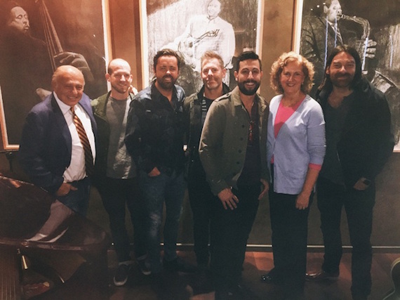 Pictured (L-R): Sony Music Entertainment CEO Doug Morris; Old Dominions Whit Sellers, Brad Tursi, Trevor Rosen, and Matthew Ramsey; Sony Music Entertainment EVP Business Affairs & General Counsel Julie Swidler; and Old Dominions Geoff Sprung.