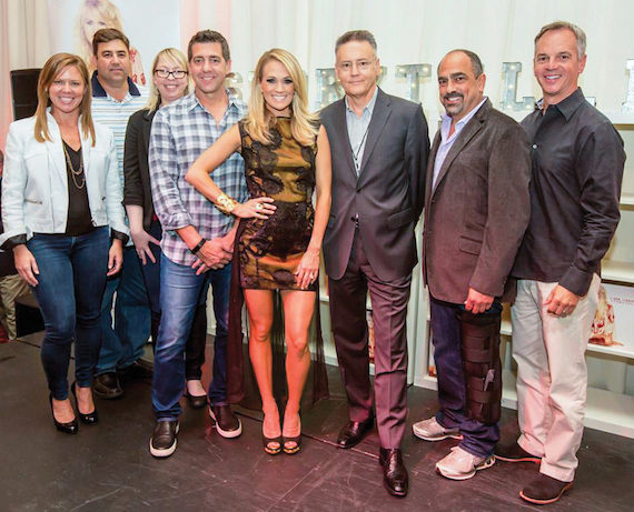 Pictured (L-R): Lesly Simon, VP, Promotion, Arista Nashville; Jim Catino, VP, A&R, Sony Music Nashville; Ann Edelblute, Carrie Underwoods manager (The HQ); Ken Robold, Executive VP/Chief Operating Officer; Carrie Underwood; Randy Goodman, Chairman & CEO, Sony Music Nashville; Paul Barnabee, Senior VP, Marketing, Sony Music Nashville; and, Steve Hodges, Executive VP, Promotion & Artist Development. Photo: Chris Hollo