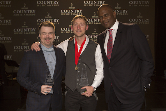 Pictured (L-R):  Ben Vaughn, Warner/Chappell; Songwriter of the Year Ashley Gorley; Jon Platt, Warner Chappell.