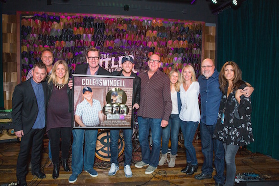 Pictured (L-R): WMN: Justin Luffman, VP Brand Management; Scott Hendricks, EVP A&R; Katie Bright, Director, National Promotion; Peter Strickland, EVP & GM; Cole Swindell; John Esposito, President & CEO; Cris Lacy, VP A&R; Kristen Williams, VP Promotion; Kevin Herring, SVP Promotion; KP Entertainment: Kerri Edwards. Photo: Joseph Llanes