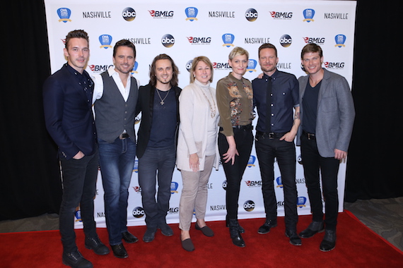 Pictured (L-R): Sam Palladio, Charles Esten, Jonathan Jackson, CMA CEO Sarah Trahern, CMA Board member Milly Olykan, Will Chase, and Chris Carmack. Photo: Natasha Moustache / CMA