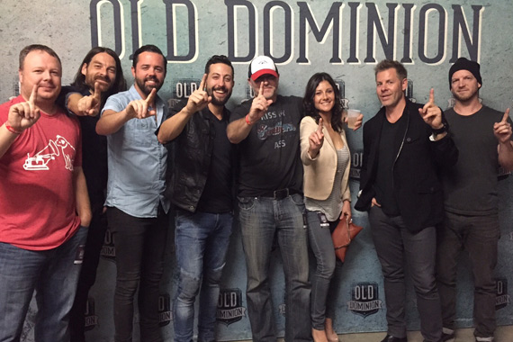 Pictured (L-R): RCA Records National Director of Promotion Josh Easler; Old Dominions Geoff Sprung, Brad Tursi, and Matthew Ramsey; WSOC/Charlotte OM/PD DJ Stout; WSOC Integrated Marketing Consultant Krista Stout; and Old Dominions Trevor Rosen and Whit Sellers. Photo: Sony Music