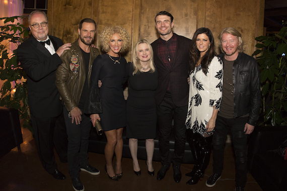 Pictured (L to R): Mike Dungan, Chairman and CEO, UMGN; LBT's Jimi Westbrook; LBT's Kimberly Schlapman;  Cindy Mabe, President, UMGN, Sam Hunt; LBT's Karen Fairchild; LBT's Phillip Sweet 