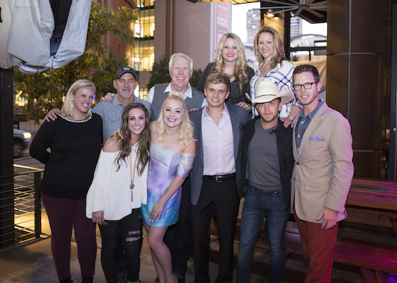 Pictured (back row L-R):  Ellen Mundy, Brad Howell, George Briner,  Ashley Sidoti and Amy Staley. (front row L-R): ara Thompson, RaeLynn, Levi Hummon, Justin Moore and The Valory Music Co.'s Bradford Hollingsworth