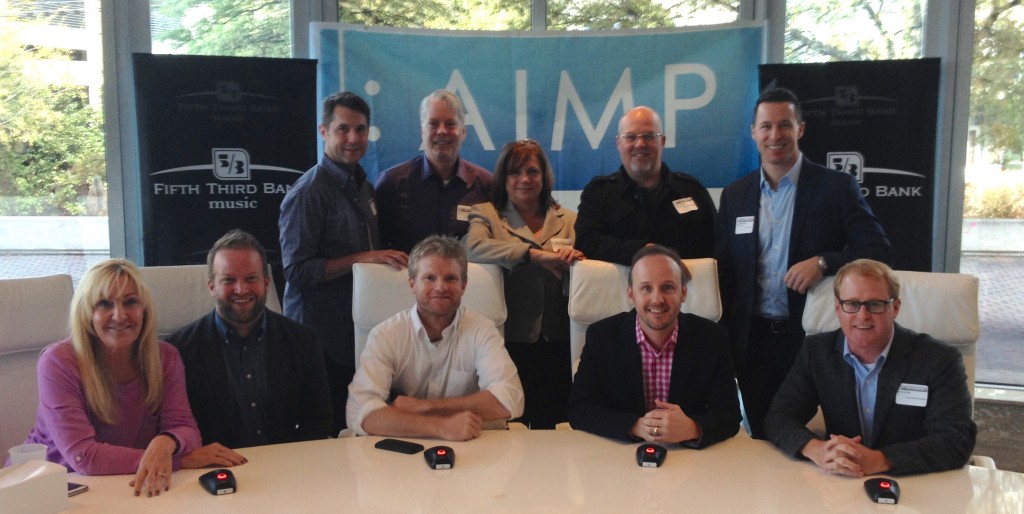 Pictured: Row One: Ree Guyer Buchanan, Michael McAnally Baum, Kos Weaver, Rusty Gaston, John Ozier; Row Two: Michael Martin (ASCAP), Randy Wachtler (Warner/Chappell Production Music), Denise Nichols (AIMP Secretary/Primacy Firm), Marc Driskill (AIMP Exec. Director/Sea Gayle), Brad Peterson (5/3 Bank)