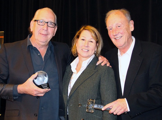 Pictured (L-R): John Esposito, CMA Board President and incoming Chairman, and President and CEO of Warner Music Nashville; Sarah Trahern, CMA Chief Executive Officer; Frank Bumstead, CMA Board Chairman and Chairman of Flood, Bumstead, McCready & McCarthy, Inc.