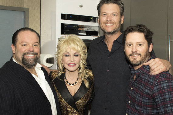 Pictured (L-R): Danny Nozell, Dolly Parton's manager/CEO CTK Management, Dolly Parton, Blake Shelton, Brandon Blackstock, Blake Shelton's manager/Starstruck Entertainment. Photo: Jeremy Westby/Webster Public Relations