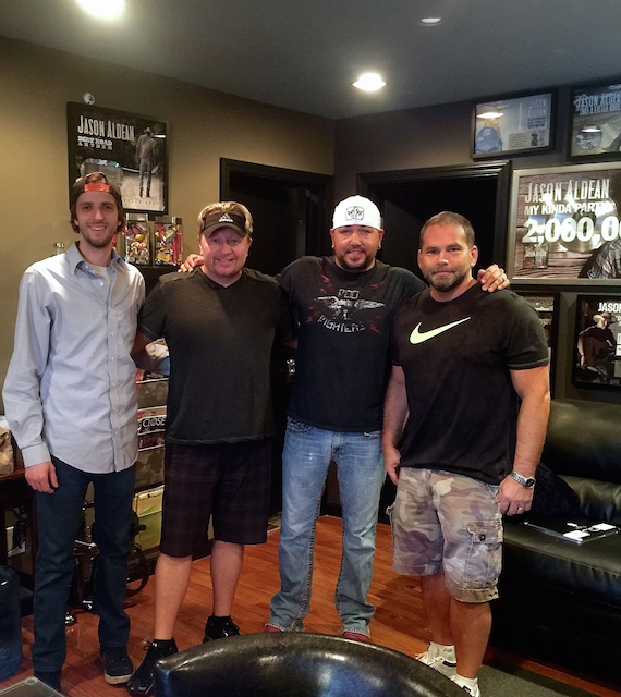 Pictured (L-R): Brady Tilow, Mickey Jack Cones, Jason Aldean, and Michael Knox at Westwood Sound Studio. Photo: Courtesy of Mickey Jack Cones.