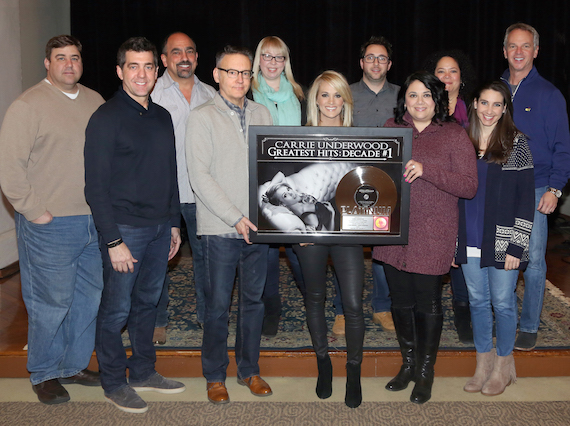 Pictured (L-R): Jim Catino, A&R VP, Sony Music Nashville; Ken Robold,  EVP/COO, Sony Music Nashville; Paul Barnabee, Marketing Sr. VP, Sony Music Nashville; Randy Goodman, Chairman & CEO, Sony Music Nashville; Ann Edelblute, Underwoods manager, The HQ; Carrie Underwood; Bob Foglia, Marketing & Media Manager, Sony Music Nashville; Caryl Healey, Sales VP, Sony Music Nashville; Rachel Fontenot, Marketing Director, Sony Music Nashville; Sarah Westbrook, Digital Strategy VP, Sony Music Nashville; Steve Hodges, Promotion & Artist Development EVP, Sony Music Nashville.  Photo:  Alan Poizner