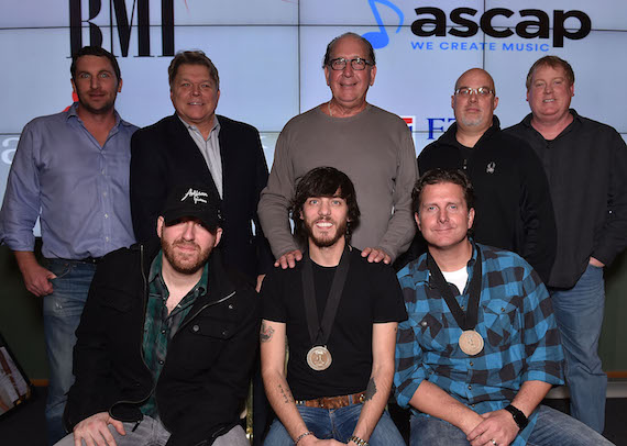 Back Row, (L-R): Eric Gallimore (Red Vinyl), David Preston (BMI), John Esposito (Warner Music Nashville), Marc Driskill (Sea Gayle), Mike Sistad (ASCAP). Front Row (L-R): Brent Anderson (producer), Chris Janson, and Chris Dubois. Photo: Getty Images for BMI.