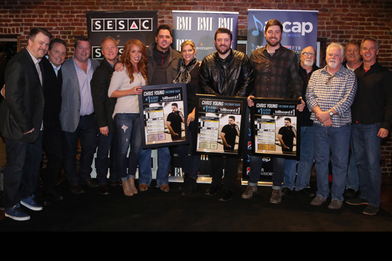 Pictured (L-R): Ben Vaughn, Warner/Chappell; Jody Williams, BMI; Bradley Collins, BMI;  Troy Tomlinson, Sony/ATV; Hannah Williams, Sony/ATV; Josh Hoge; Shannan Hatch, SESAC; Chris Young; Corey Crowder; Larry Fitzgerald, Fitzgerald Hartley; Bill Simmons, Fitzgerald Hartley; Mike Sistad, ASCAP; Steve Hodges, Sony Music Nashville