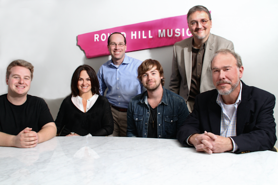 Seated: Josh Saxe, Associate Director, A&R, Round Hill Music; LeAnn Phelan, Sea Gayle Management; Jimmy Robbins; Mark Brown, VP/GM, Nashville, Round Hill Music. Standing: Jordan Keller, attorney; Matthew Beckett, attorney. 