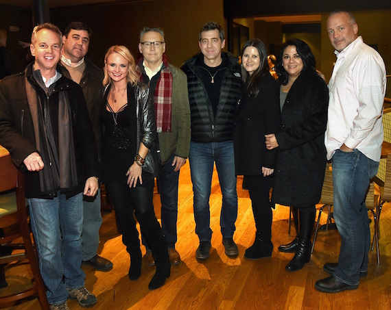 Pictured (L-R):  Steve Hodges, EVP Promotion & Artist Development, Sony Music Nashville; Jim Catino, A&R VP, Sony Music Nashville; Miranda Lambert; Randy Goodman, Chairman & CEO, Sony Music Nashville; Ken Robold, EVP & COO, Sony Music Nashville; Taylor Lindsey, A&R Senior Director, Sony Music Nashville; Caryl Healey, Sales VP, Sony Music Nashville; Keith Gale, Sr. VP National Promotion, RCA Nashville. Photo: Rick Diamond/Getty Images