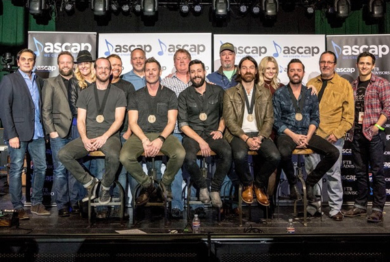 Pictured (L-R) front: Old Dominion's Whit Sellers, Trevor Rosen, Matthew Ramsey, Geoff Sprung and Brad Tursi; (back) Big Deal Music's Pete Robinson, Rehits/Smacktown Music's Michael McAnally Baum and Ree Guyer Buchanan, producer Shane McAnally, RCA Nashville's Keith Gale, ASCAP's Mike Sistad, Sonic Geo Music's George Whaley, ASCAP's Beth Brinker, Music of RPM's Blake Chancey and Smacktown Music's Robert Carlton. Photo: Ed Rode for ASCAP