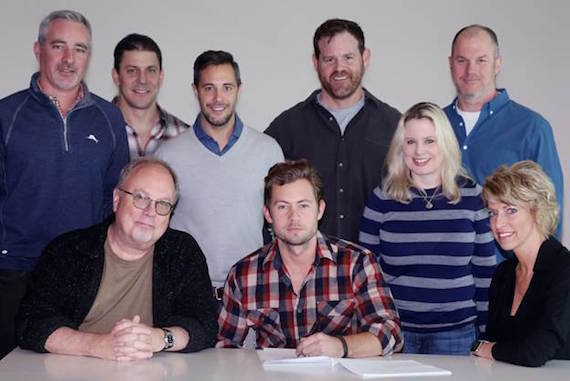 Front Row (L-R): UMG Nashville Chairman & CEO Mike Dungan, Brandon Lay, UMG Nashville Vice President A&R Stephanie Wright. Back Row (L-R): UMG Nashville Senior Vice President A&R Brian Wright, UMG Nashville Vice President Business and Legal Affairs Rob Femia, Morris Higham Managements Kyle Quigley, UMG Nashville Senior Vice President Promotion Royce Risser, UMG Nashville President Cindy Mabe, UMG Nashville Senior Vice President and COO Mike Harris. Photo: Alain Poizner 