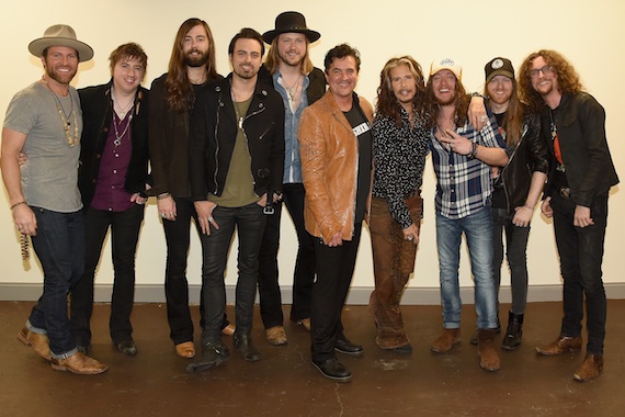 Pictured (L-R): Drake White, A Thousand Horses Bill Satcher, Graham DeLoach, Zach Brown and Michael Hobby, BMLG President/CEO Scott Borchetta, Steven Tyler, The Cadillac Threes Jaren Johnston, Neil Mason, and Kelby Ray