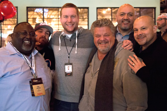 At the Chris Lane bowling party at Nashville's Pinewood Social on Tuesday. Pictured (L-R): Entravision/ Sacramento, CA KNTY PD Tosh Jackson, KHHM Jay Marzz, KNTY MD Mike Allen, Big Loud Shirt's Craig Wiseman, Big Loud Records Midwest promotion Roger Fregoso, and West Coast promotion Dave Kirth.