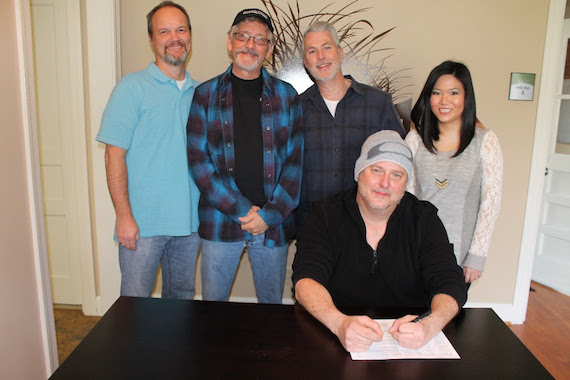 Pictured (L-R): Jason Campbell and Keith Stegall,  Dreamlined Entertainment Group; Neal Coty and Hannah Gilbert, Dune Grass Music; Brian Maher, Dreamlined Entertainment Group/Dune Grass Music.