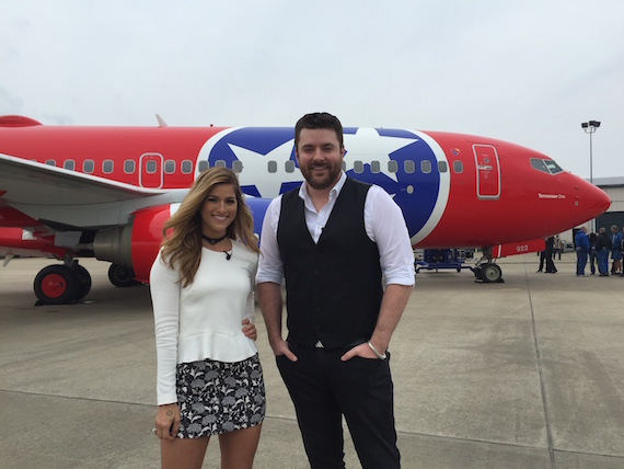 Republic Nashvilles Cassadee Pope and RCA Records Chris Young in front of Southwest Airlines Tennessee One.