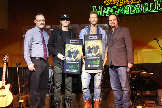 Pictured (L-R): MusicRow's Craig Shelburne, FGL's Tyler Hubbard and Bryan Kelley, and MusicRow's Sherod Robertson