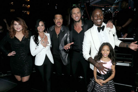 Pictured (L-R): Meghan Trainor, Demi Lovato, Lionel Richie, Luke Bryan, Tyrese, and Shayla Somer Gibson. Photo: Mark Davis/WireImage.com