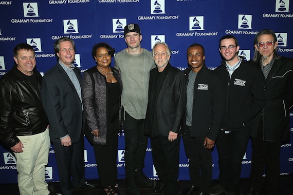 Pictured (L-R): Tim Bucher, Grammy Foundation Board Chair; Phillip Riggs, Music Educator Award recipient; Pamela Alexander, Ford Motor Company director of community development; Sam Hunt, Grammy nominee; Neil Portnow, President/CEO of The Recording Academy and the Grammy Foundation; members of Grammy Camp - Jazz Session. Photo: The Recording Academy/WireImage.com, Jesse Grant