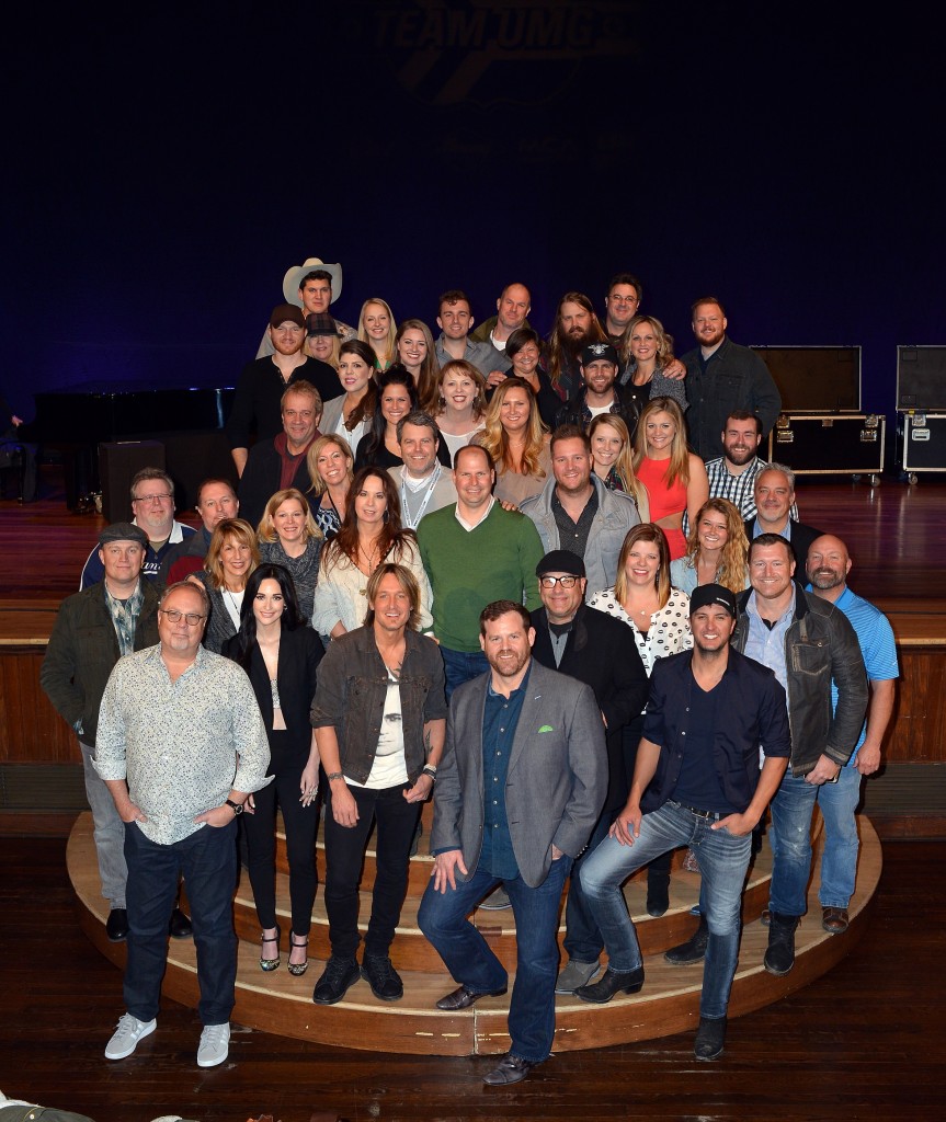 Row 1: UMG Nashville Chairman and CEO Mike Dungan, Kacey Musgraves, Keith Urban, UMG Nashville SVP Promotion Royce Risser, EMI's Ron Bradley and Luke Bryan. Row 2:  Capitols Shane Allen, EMIs John Trapane, Capitols Brent Jones, MCA's Michelle Tyrrell, MCAs Katie Dean, Capitols Diane Lockner, EMIs Mike Krinik, EMIs Jamie Graves, Mercury's Jill Brunett, UMG Nashvilles Sarah Beth Watson, Capitols Jeremy Guenther and EMIs Jimmy Rector. Row 3: Capitols Bobby Young, MCA's Donna Jo Passuntino, MCAs Anna Johnson, UMG Nashvilles David Friedman, Mercurys Summer Harlow, MCAs Julianna Vaughn, Lauren Alaina, UMG Nashvilles Chris Schuler and Mercurys Damon Moberly. Row 4: Eric Paslay, UMG Nashvilles Donna Hughes, MCAs Miranda McDonald, Capitols Ashley Laws, EMI's Trudie Daniell, Mercurys Charlie Dean and Canaan Smith. Row 5: Jon Pardi, Capitols Paige Elliott, Mercurys Nick Kaper, UMG Nashvilles Mike Harris, Chris Stapleton, Vince Gill, Mercurys Sally Green and EMIs Chris Fabiani. Photo: Peyton Hoge 